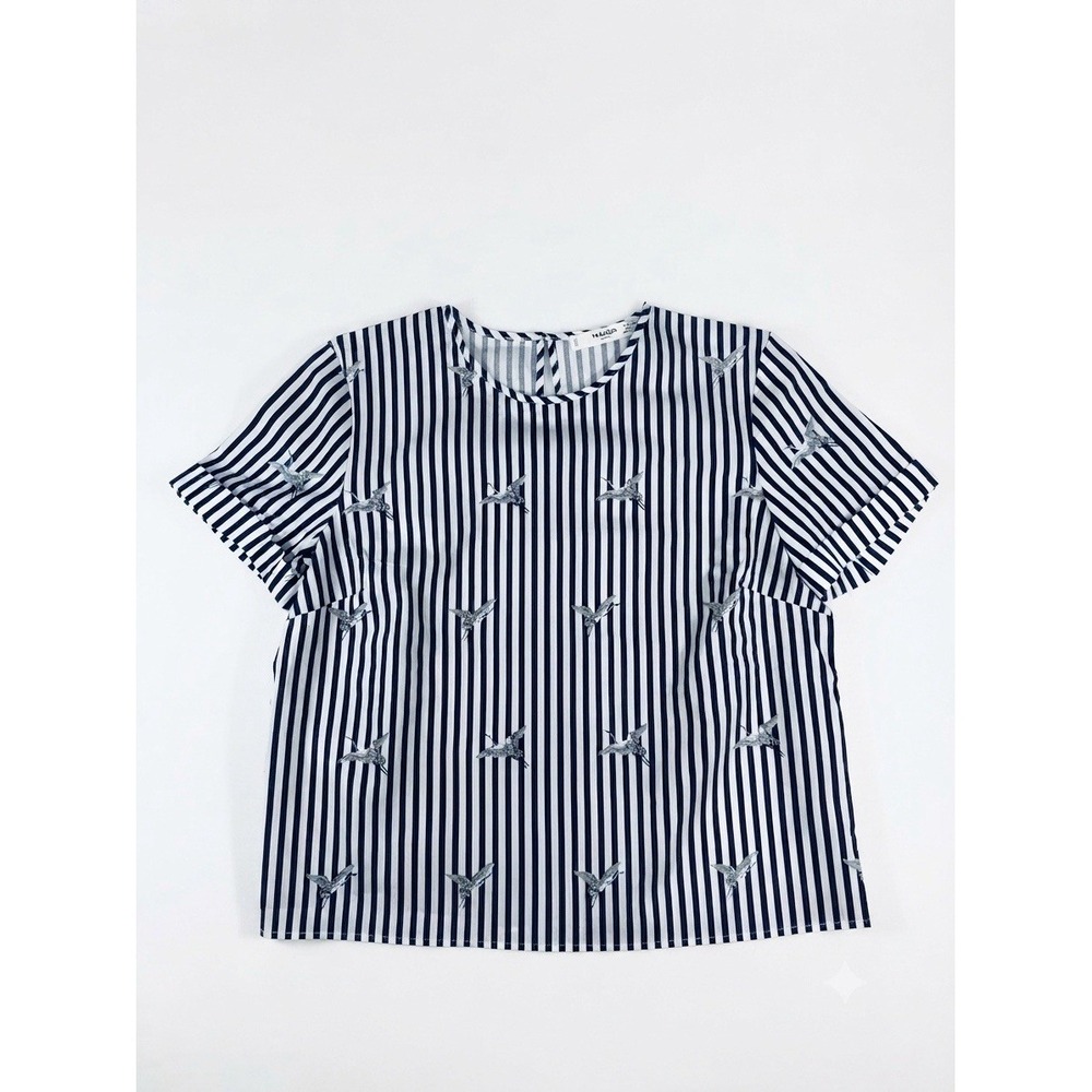 Mango Casual Women's Striped Bird Print Short Sleeve Blouse Top Navy White SZ XS